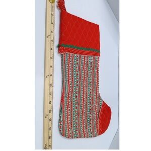 Vintage Handmade Christmas Print Stocking Quilted Fabric, Ric Rac